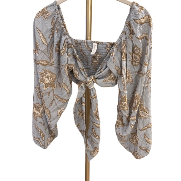 Tigerlily Floral Tie-Front Blouse in Gray and Tan - Picture 1 of 2